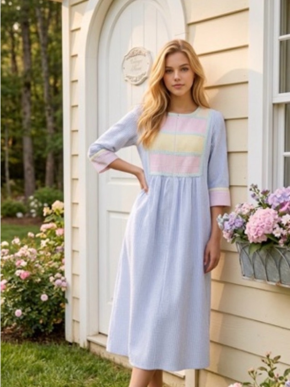 Vintage Ladies SAYBURY Striped Seersucker Dress with Pastel Panels L